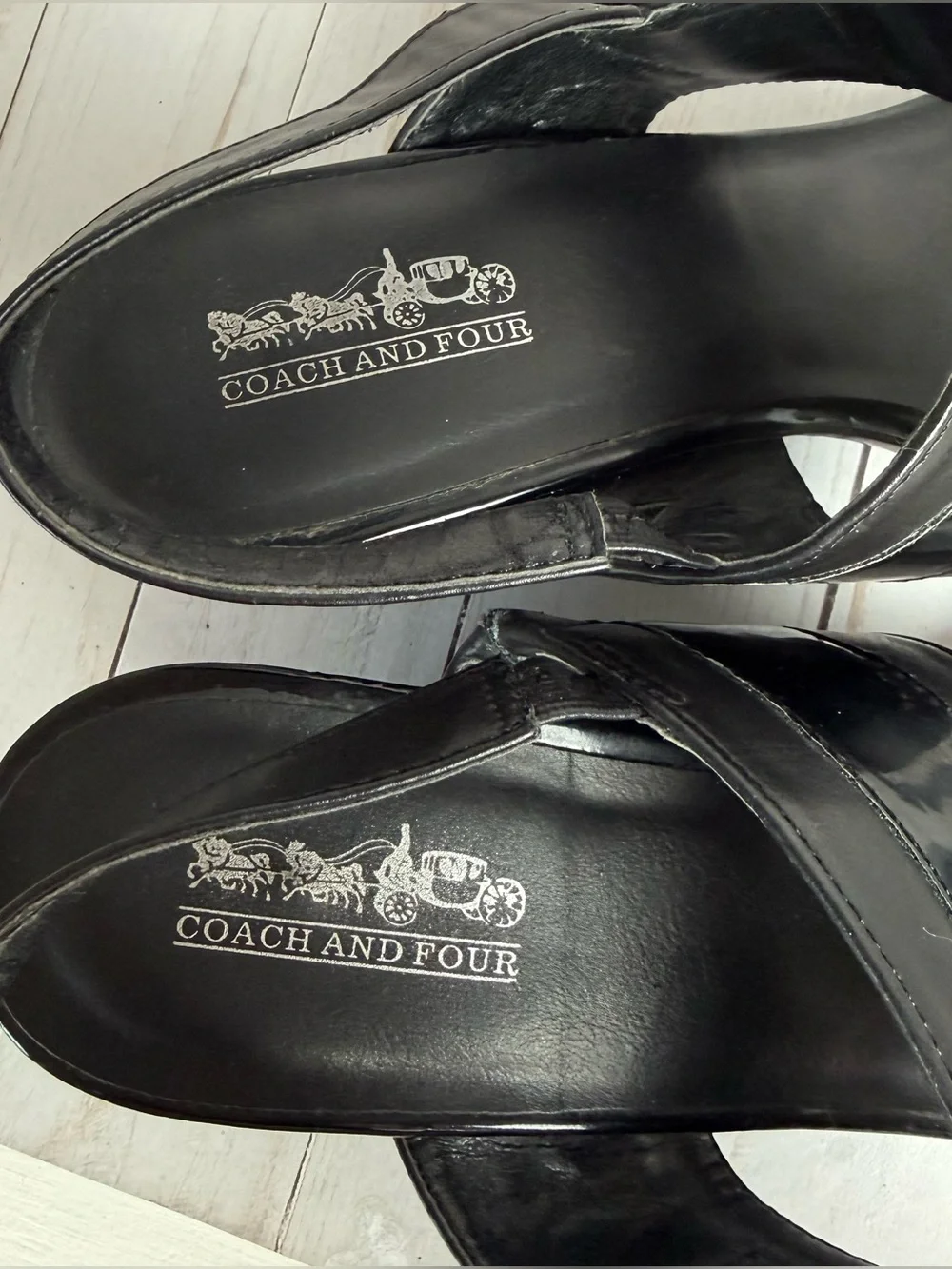 Coach and Four Black Patent Leather Wedge Sandals Open Toe Slingback Buckle